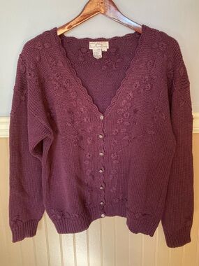 Vintage D.B.L. Burgundy Knit Cardigan Floral Embroidered V-Neck Sweater - Medium